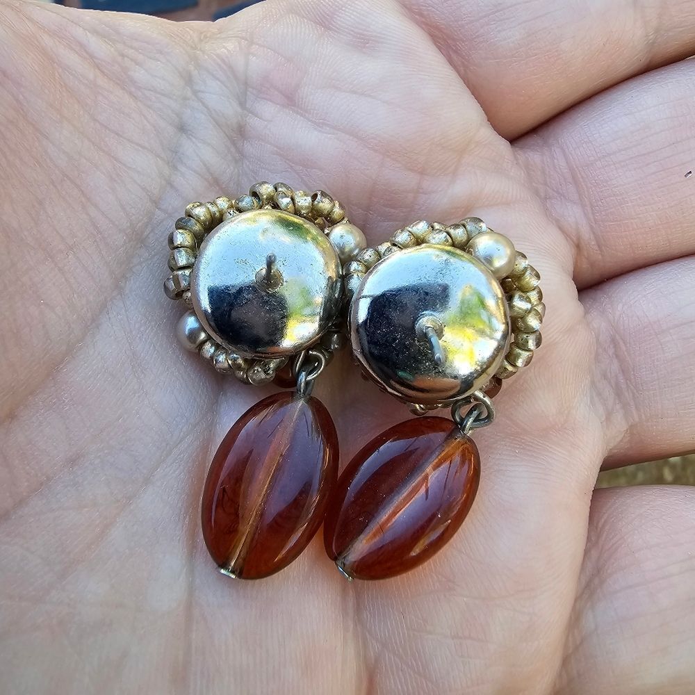 Vintage Faux Pearl and Lucite Dangle Post Back Beaded Earrings - Picture 2 of 2